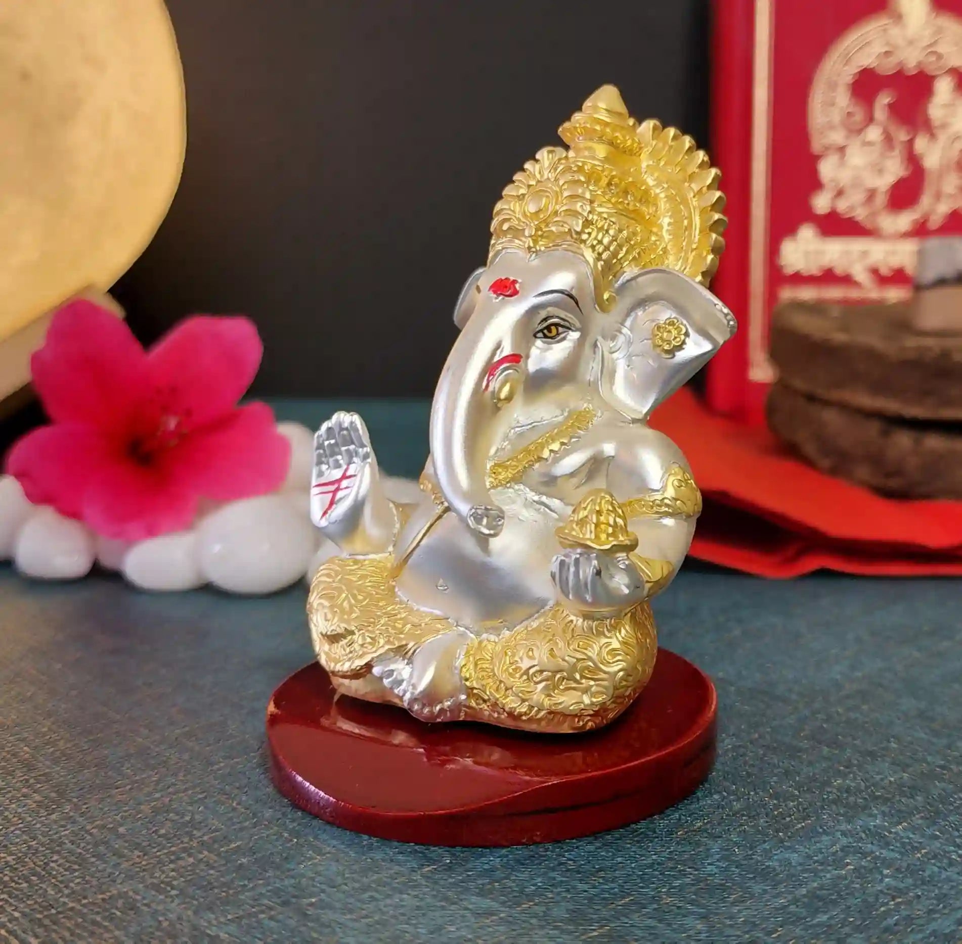 Handcrafted Ganesh Idol in Gold and Silver Matte Finish – Ideal for Mandir, Home, and Office Décor side view