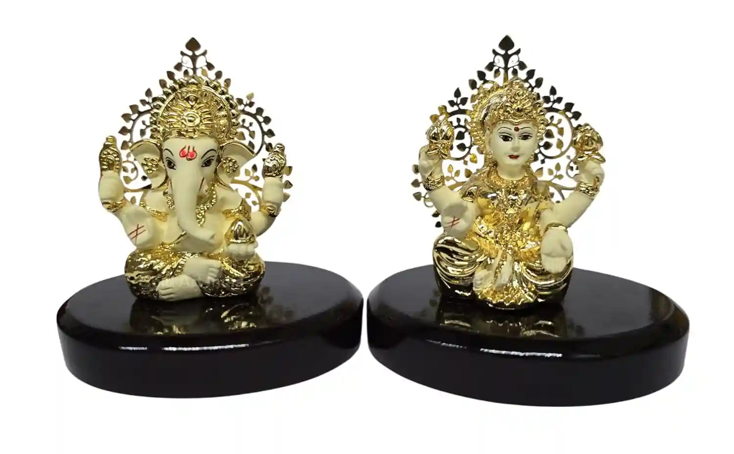 Gold-plated Lakshmi Idol with off-white terracotta detailing on oval MDF base, 3.3-inch handcrafted statue in white background