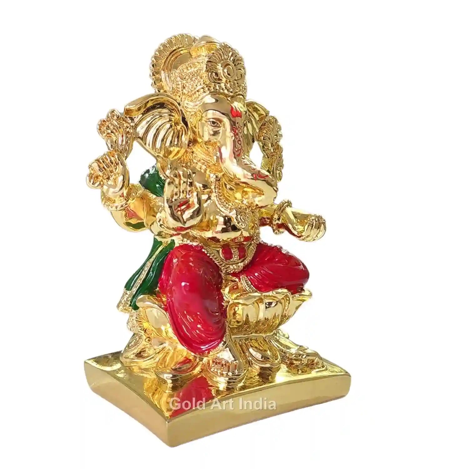 Single Ganesha Idol, 7-Inch gold plated with striking red enamel detailing