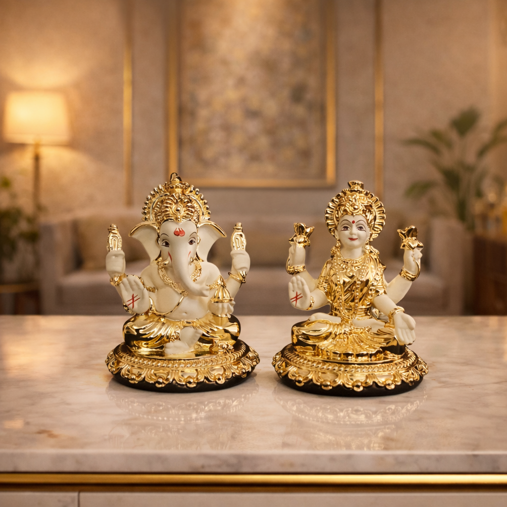 Laxmi Ganesh Gold Plated Off White Terracotta Idol 3.7 inch