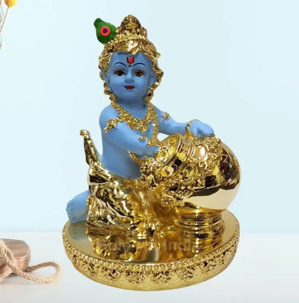 Gold Plated Vibrant Blue Bal Krishna Idol with Golden Butter Pot