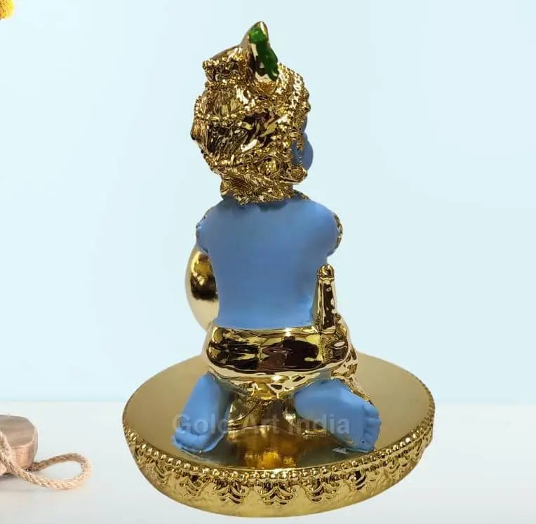 Gold plated blue Makhan Krishna idol 4x3 inch – angled back view