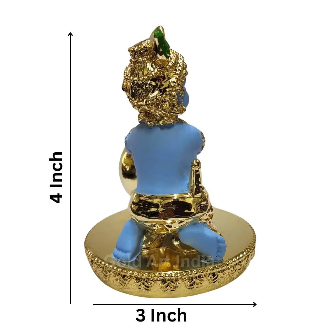 Gold-plated Makhan Krishna idol with blue skin, sitting with a butter pot, size 4 x 3 inches