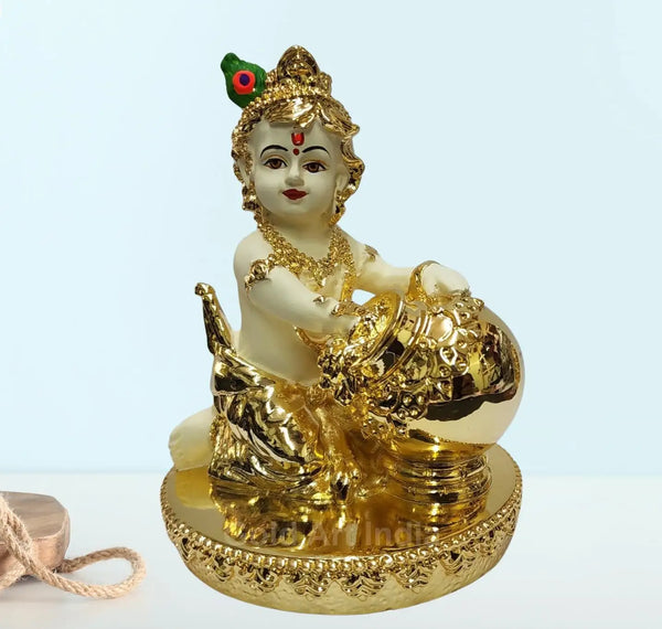4-Inch Off-White Makhan Krishna Idol | Gold Plated Murti