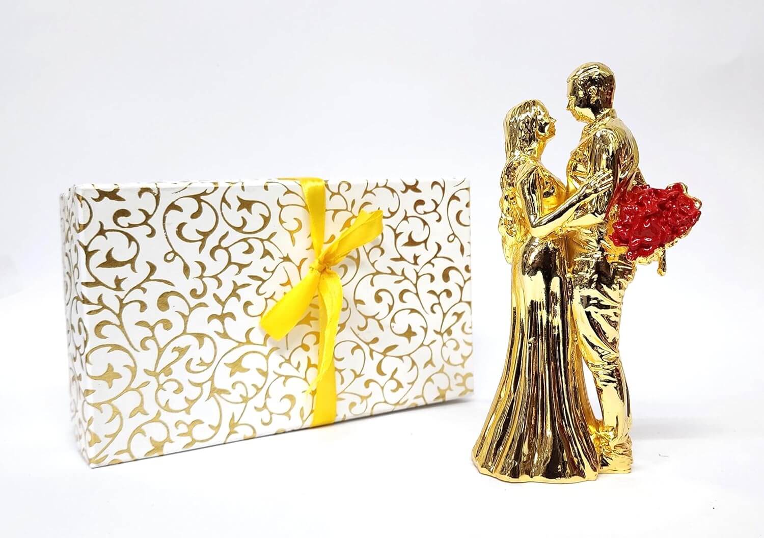 Gold-plated romantic couple figurine holding a Red rose bouquet. with gifting box