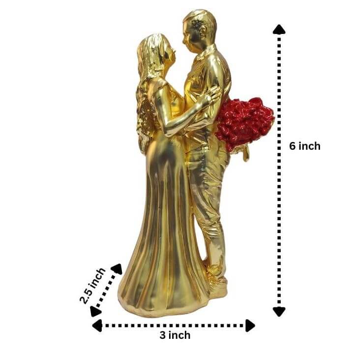 Gold-plated romantic couple figurine with a matte finish, holding a bouquet. Size: 6 inches (height) x 3 inches (width) x 2.5 inches (depth).