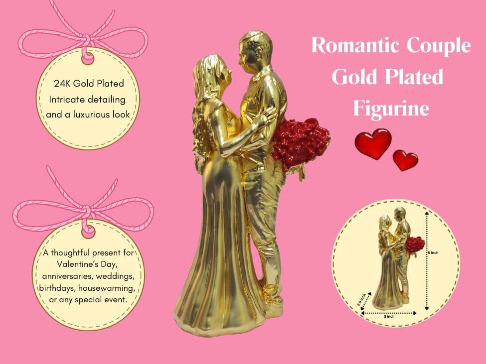 Gold-plated romantic couple figurine with a matte finish, holding a bouquet details image