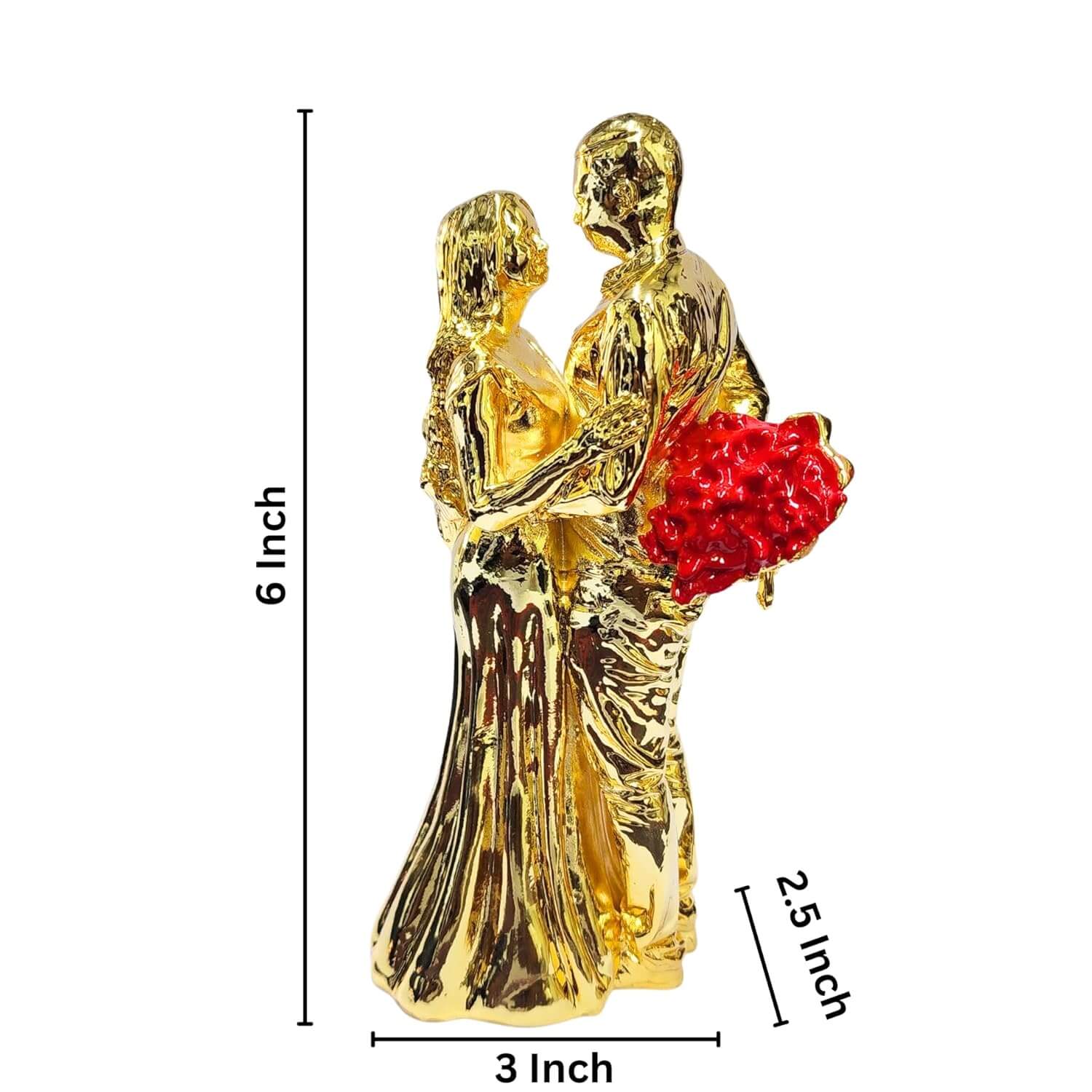Gold-plated romantic couple figurine
holding a Red rose bouquet. Size: 6 inches (height) x 3 inches (width) x 2.5 inches (depth).