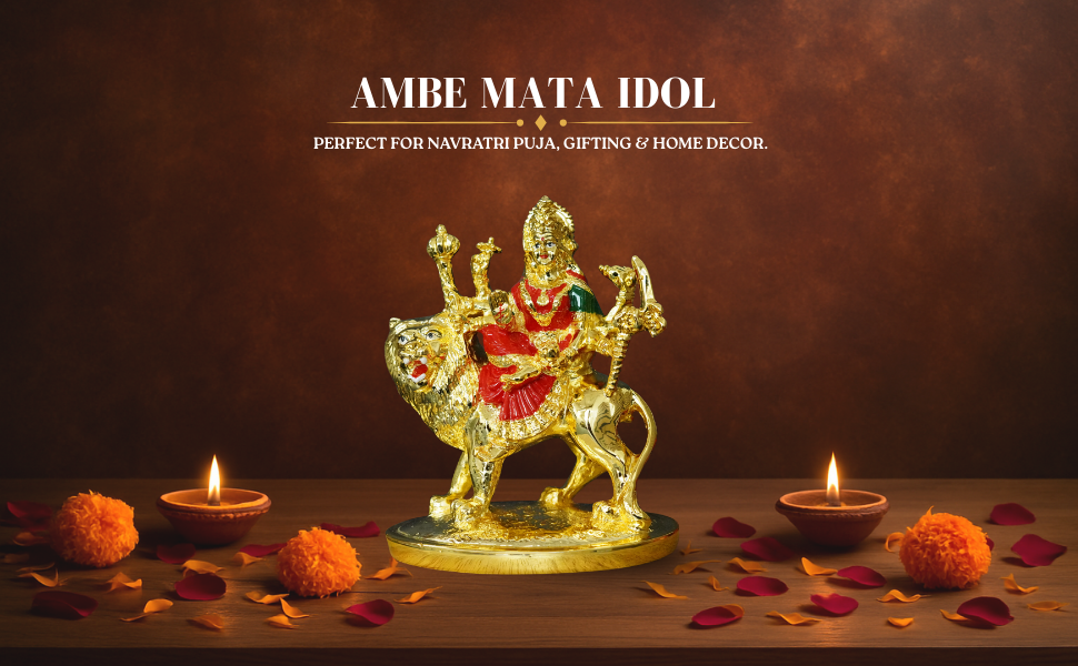Gold Plated Ambe Mata Idol by Gold Art India – Goddess Durga seated on lion with red and green detailing, symbol of strength and prosperity. Perfect for Navratri puja, home décor, temples, and festive gifting.
