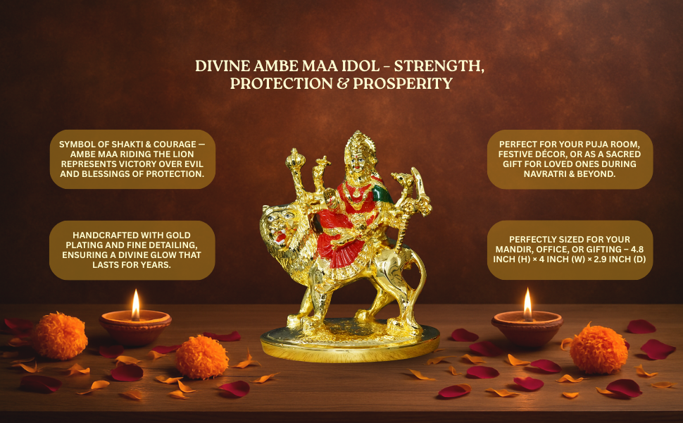 Divine Ambe Maa Idol by Gold Art India – Gold Plated with Red and Green Detailing, seated on lion symbolizing strength, protection, and prosperity. Perfectly sized 4.8H × 4W × 2.9D inches, ideal for puja rooms, mandirs, festive décor, and gifting during Navratri and Diwali.