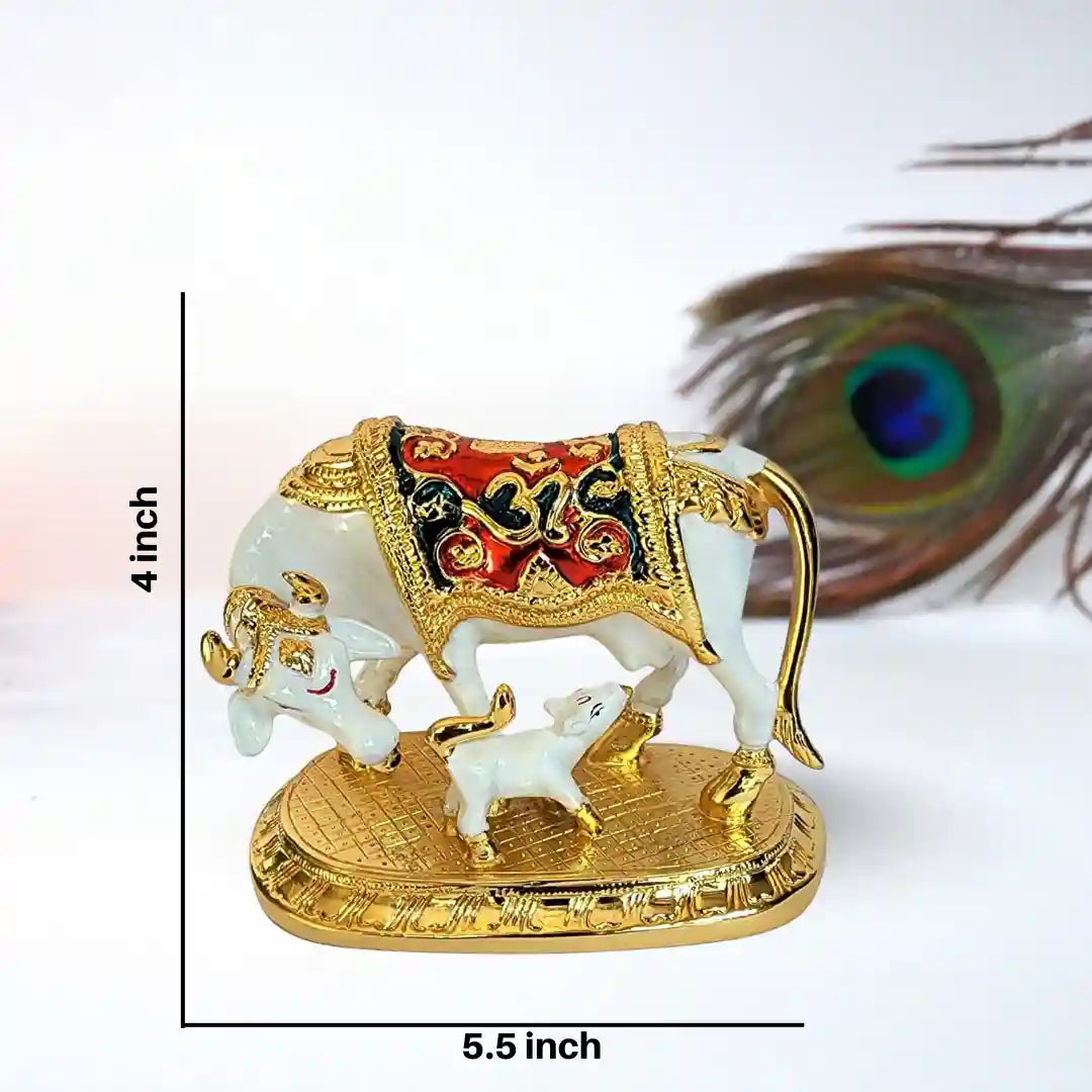 Divine Kamdhenu Cow and Calf Statue – Gold & White Pearl Finish with Dimensions 4x5.5 inches