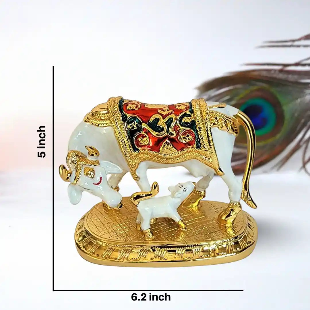 Divine Kamdhenu Cow and Calf Statue – Gold & White Pearl Finish with Dimensions 5x6.2 inches