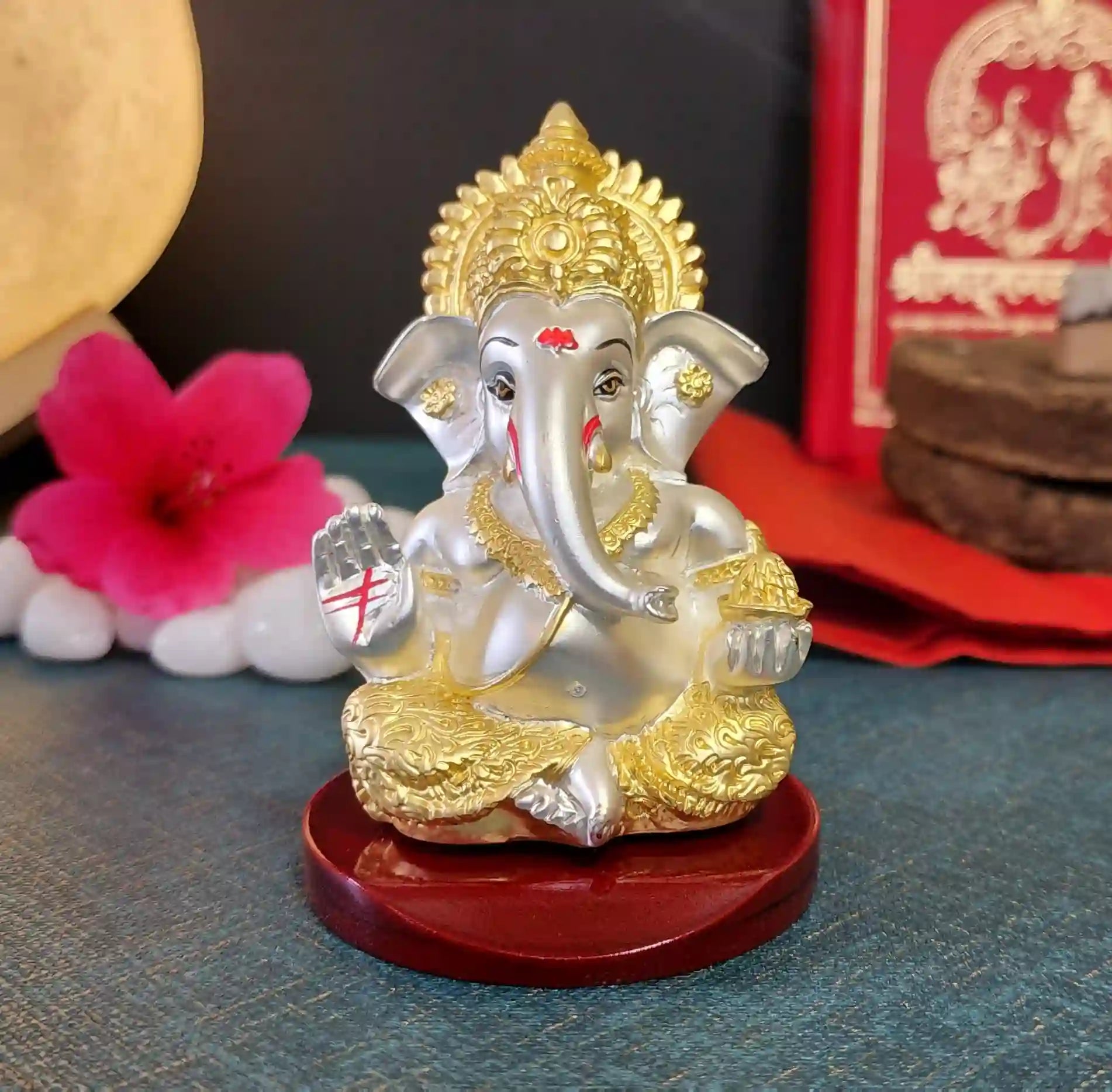 Gold Art India Ganesh Idol – Gold & Silver Matte Finish Statue with Wooden Base for Puja & Décor