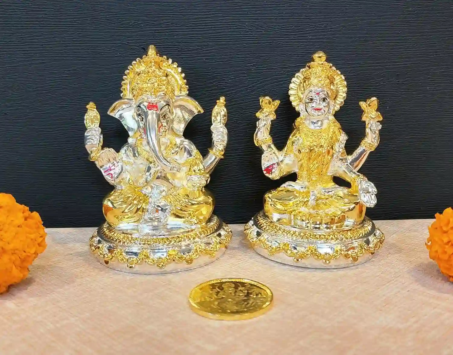 Front view of 3.6-inch Gold & Silver Plated Lakshmi Ganesh Idol set with gold-plated coin, handcrafted Hindu deity statues