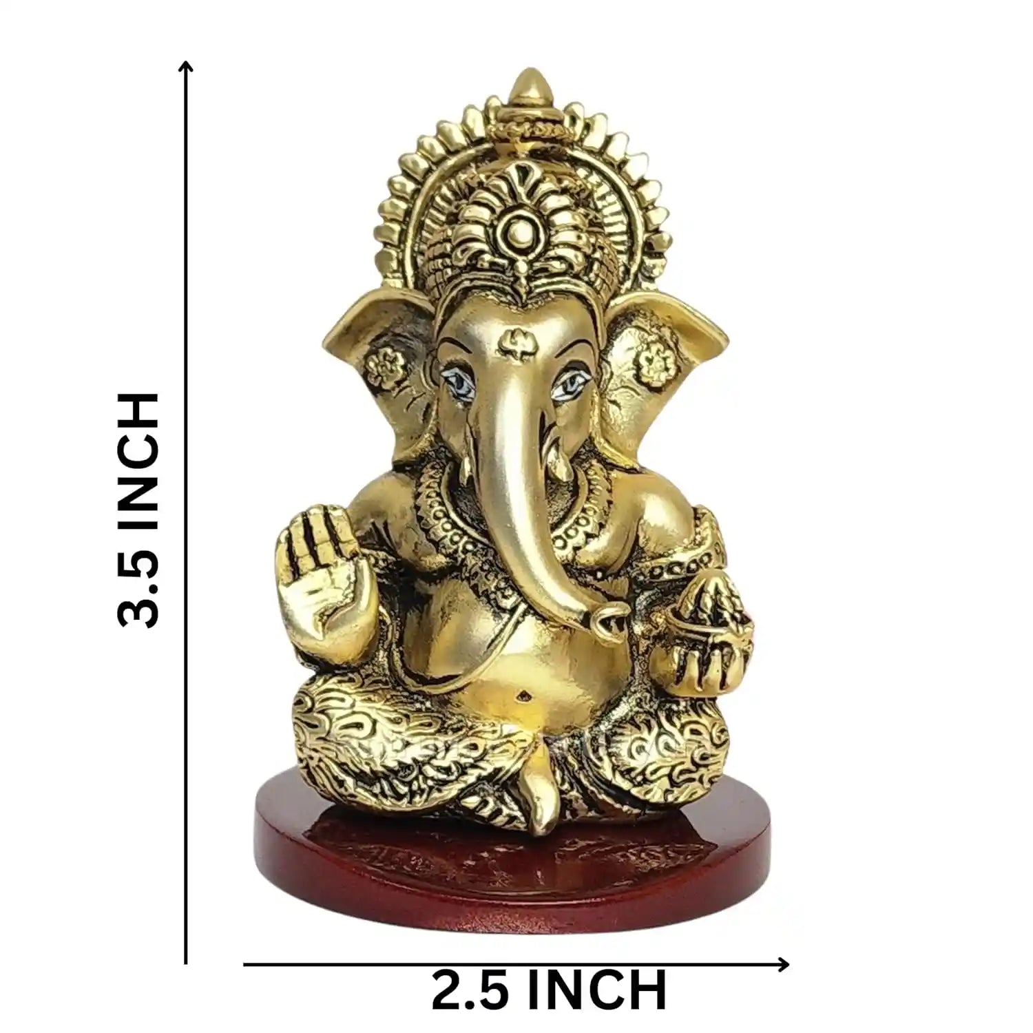 Gold Art India Mukut Ganesh Idol – 3.5 Inch Height, 2.5 Inch Width, Gold Plated Polyresin Statue with Wooden Base for Puja, Home Décor & Gifting.