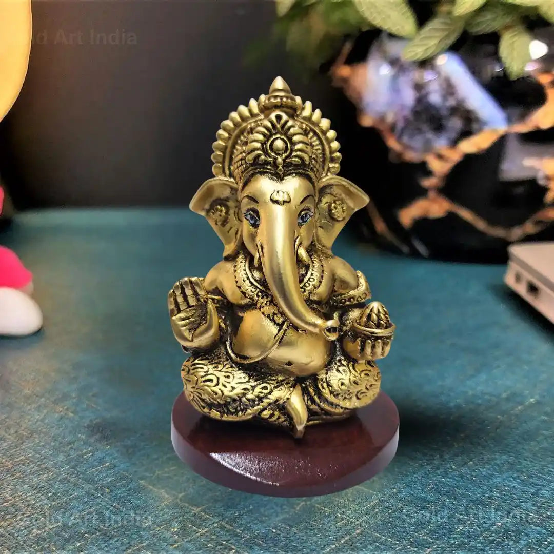 Gold Art India Mukut Ganesh Idol – Gold Plated Statue with MDF Base Front view