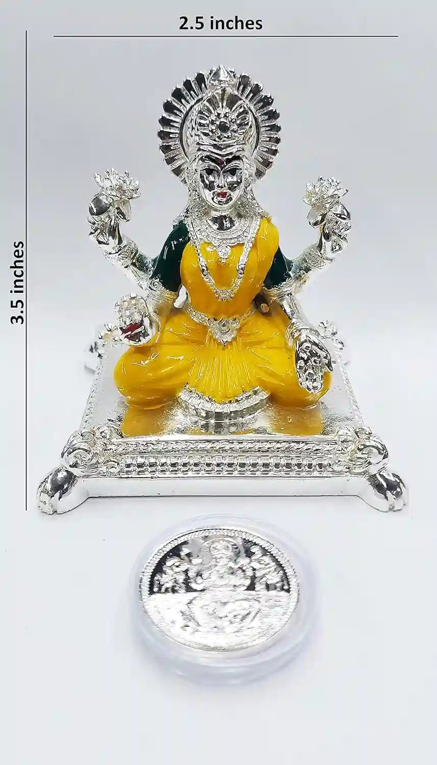 Front view of Pata Laxmi Silver Plated Idol with Yellow Enamel work, paired with silver-plated coin – dimensions 3.5 × 2.5 inches | Gold Art India