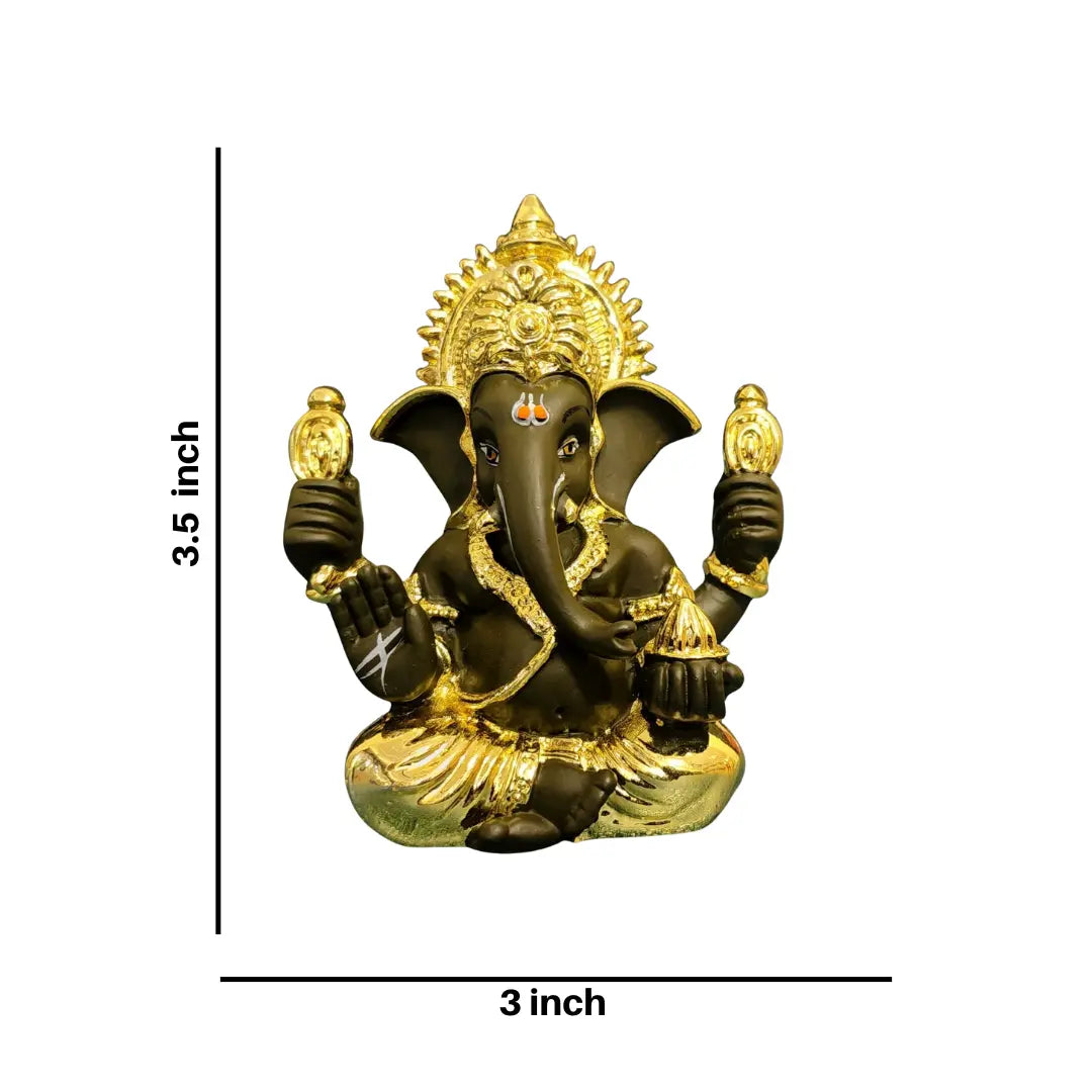 Front view of Gold Plated Black Ganesha Idol with intricate detailing – 3.5 inch height