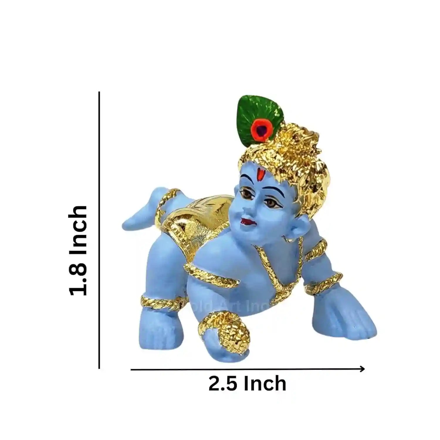 The same baby Krishna idol with dimensions marked as 2.5 inch in width and 1.8 inch in height. The idol is in a crawling position with intricate Gold Plated detailing.