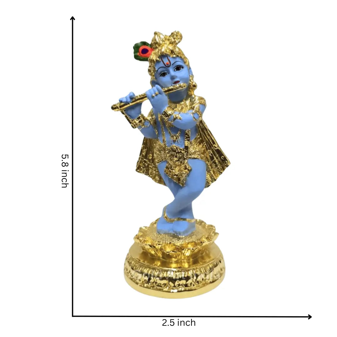Gold-plated Krishna idol playing the flute, beautifully designed with a blue body and golden ornaments, standing on a decorative base. Size: 5.8 x 2.5 inches