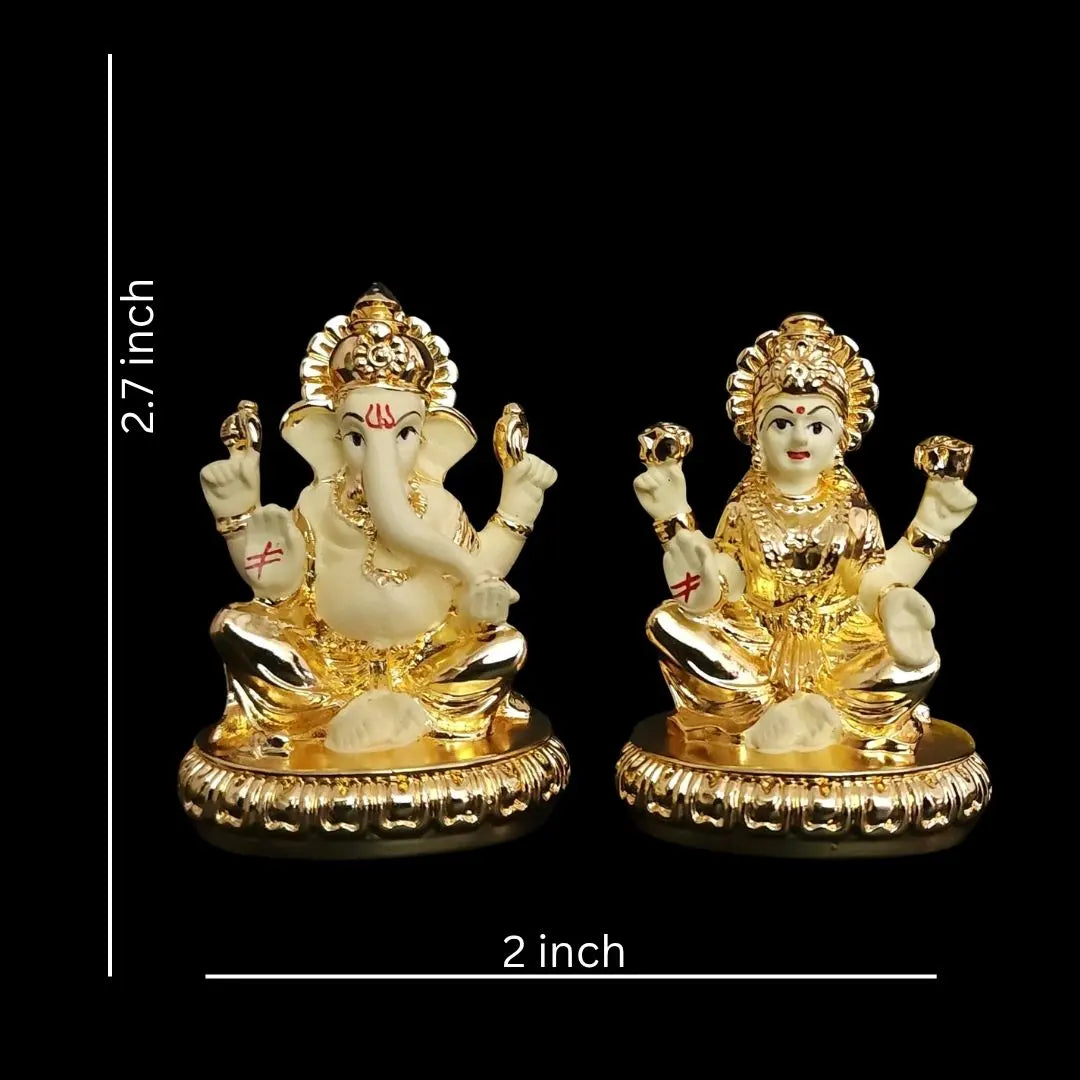 Compact Lakshmi and Ganesha idols, 2.75-inch height, gold plated with subtle off-white accents, placed on decorative base.