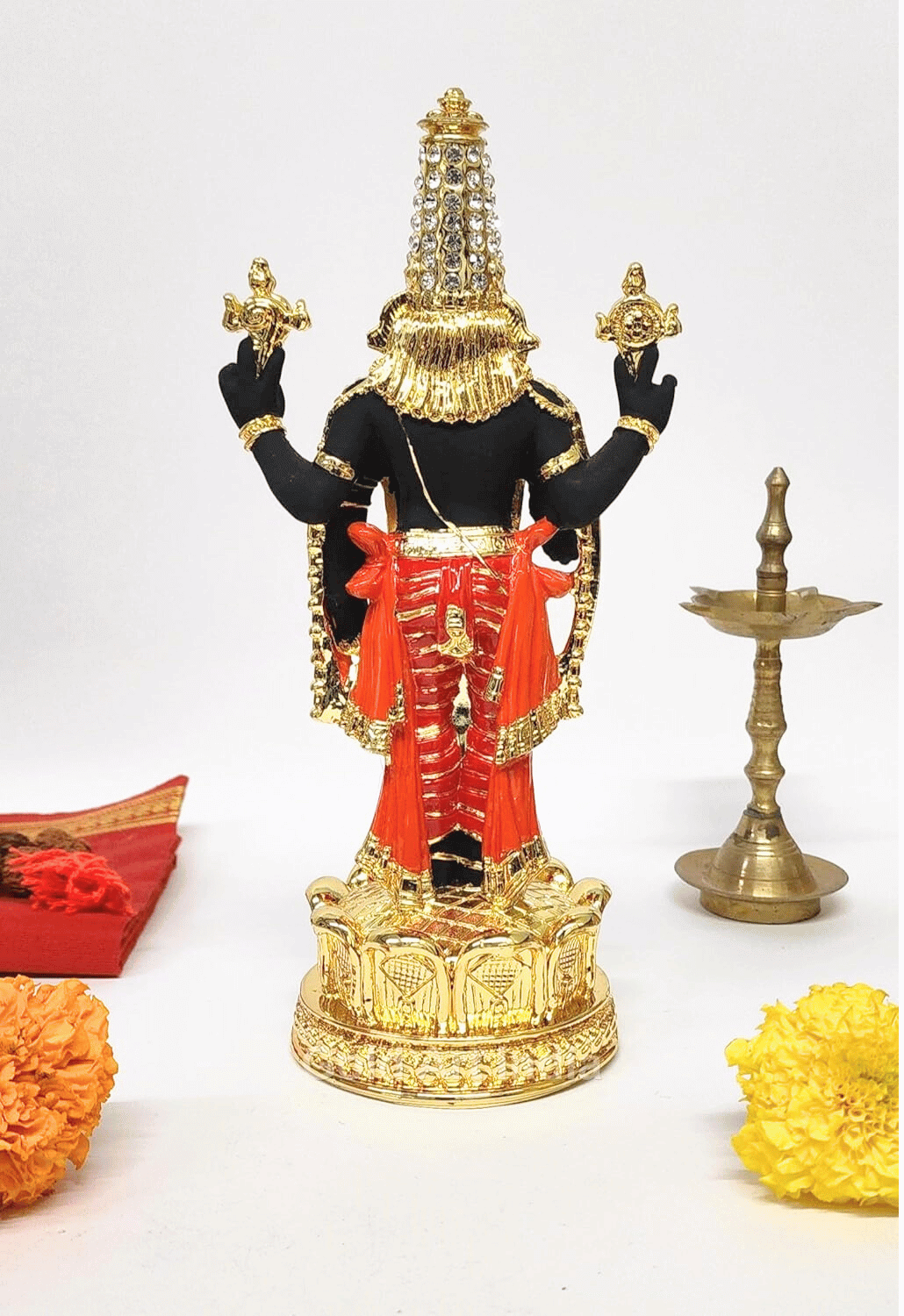 Back View of Gold Plated Tirupati Balaji Idol on Textured Base