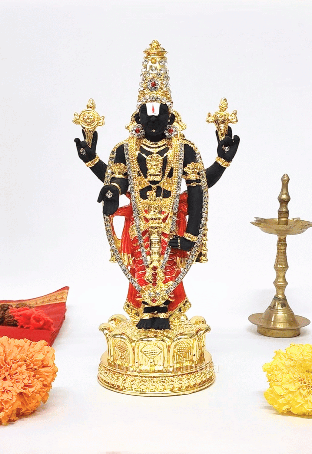 Gold Plated Lord Tirupati Balaji Idol with Black Body and Red Dhoti – Front View