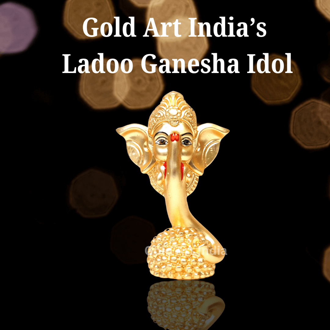 Gold-plated Ladoo Ganesha idol with a matte finish, 3.2 inches in height and 1.2-inch base, perfect for car dashboard, home decor, puja room, office desk, and study desk