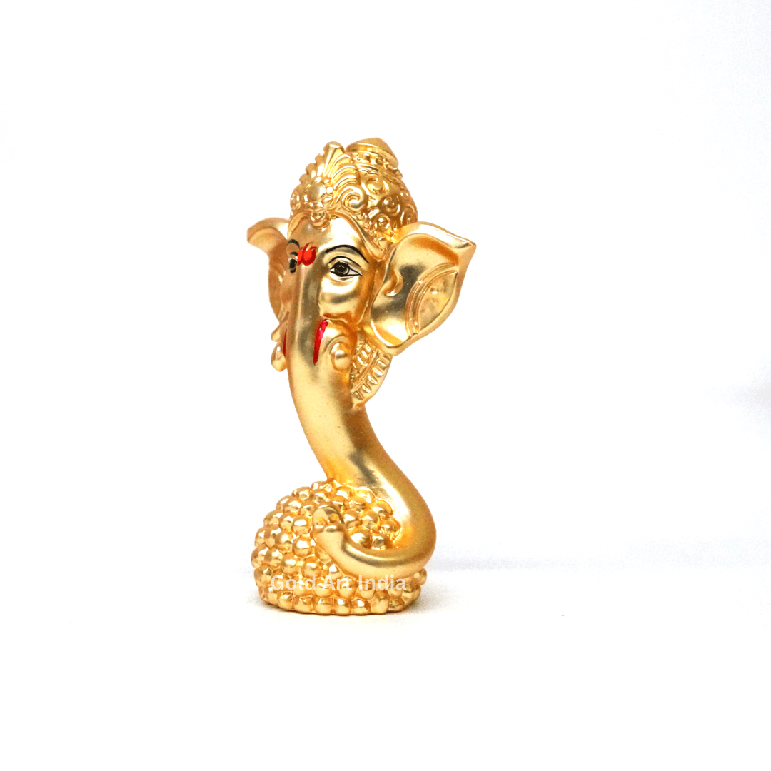 Gold-plated Ladoo Ganesha idol with a matte finish, 3.2 inches in height and 1.2-inch base, perfect for car dashboard, home decor, puja room, office desk, and study desk