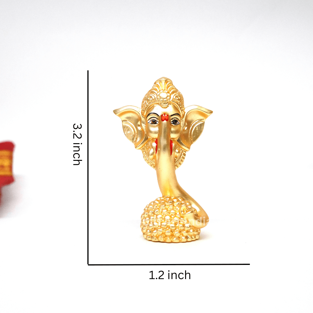 Gold-plated Ladoo Ganesha idol with a matte finish, 3.2 inches in height and 1.2-inch base, perfect for car dashboard, home decor, puja room, office desk, and study desk
