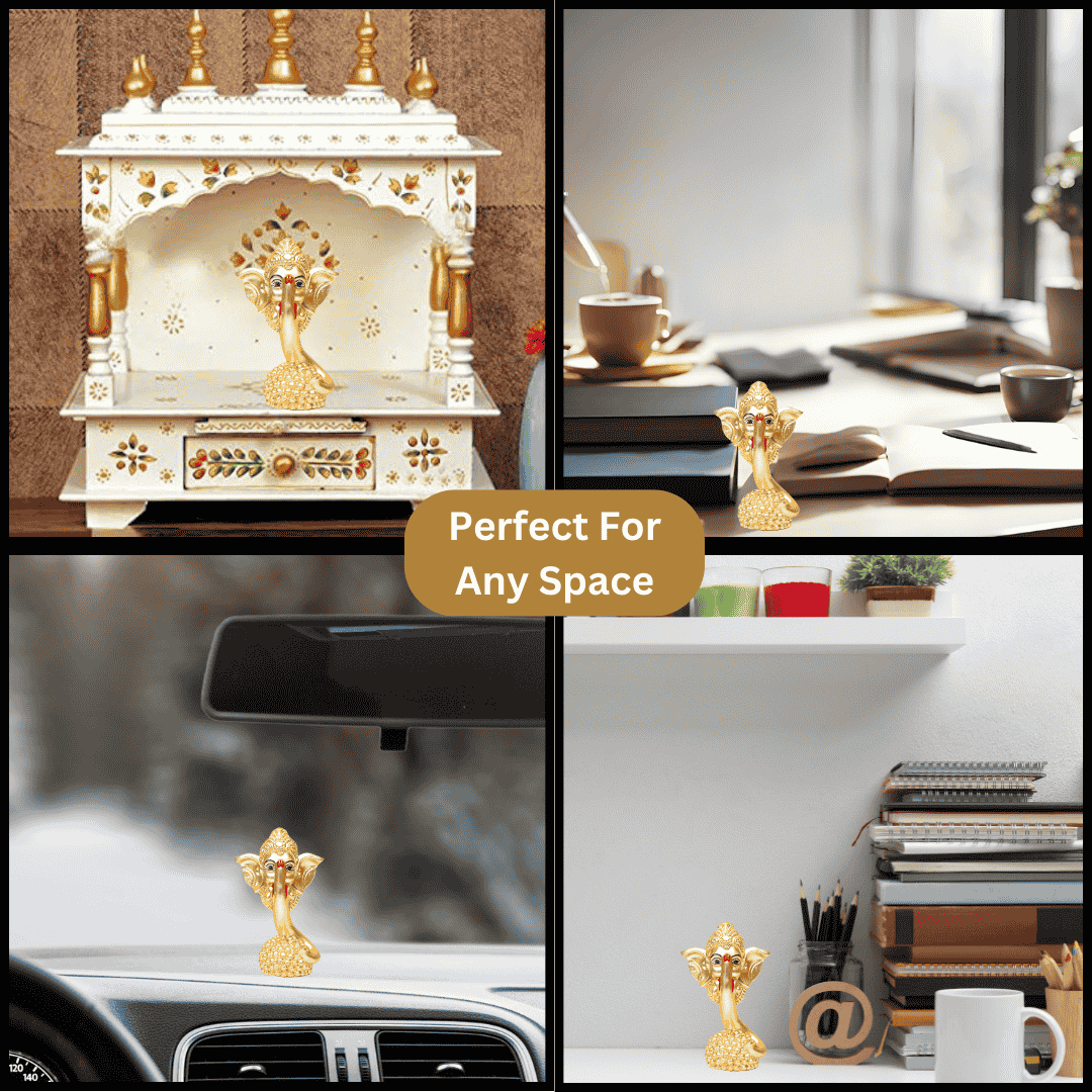 Gold-plated Ladoo Ganesha idol with a matte finish, 3.2 inches in height and 1.2-inch base, perfect for car dashboard, home decor, puja room, office desk, and study desk