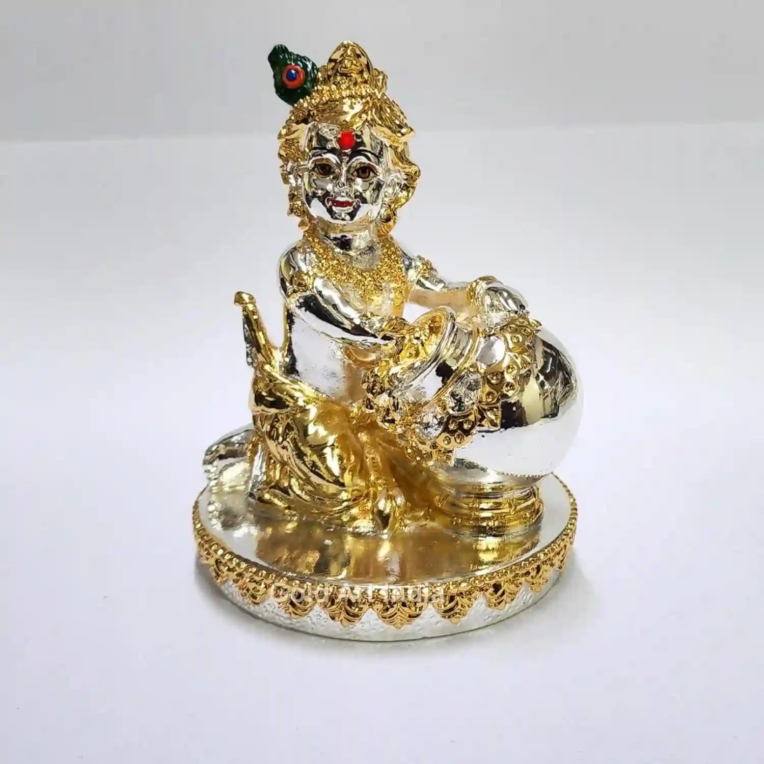 Gold and silver Plated Makhan Krishna idol , sitting with a butter pot, size 4 x 3 inches