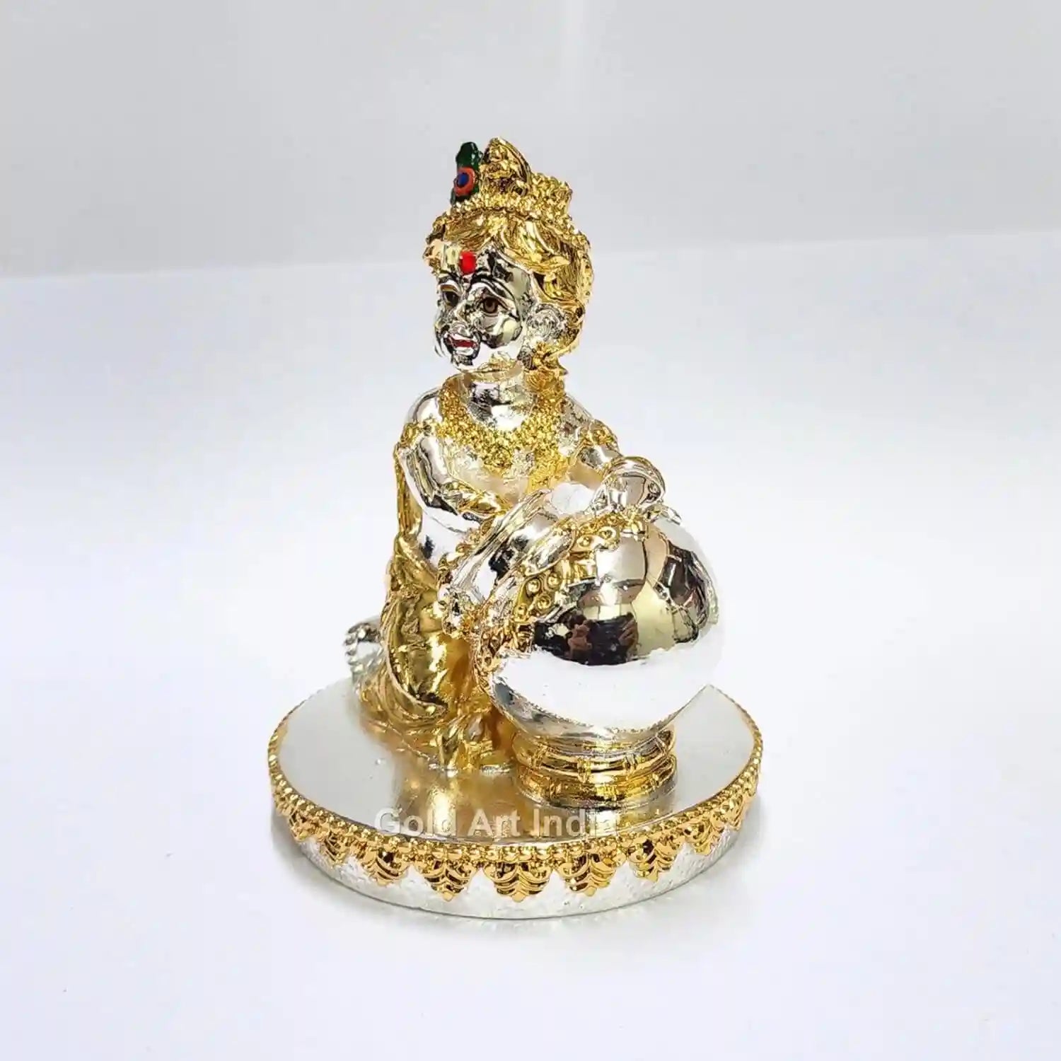 Gold and silver Plated Makhan Krishna idol , sitting with a butter pot, size 4 x 3 inches