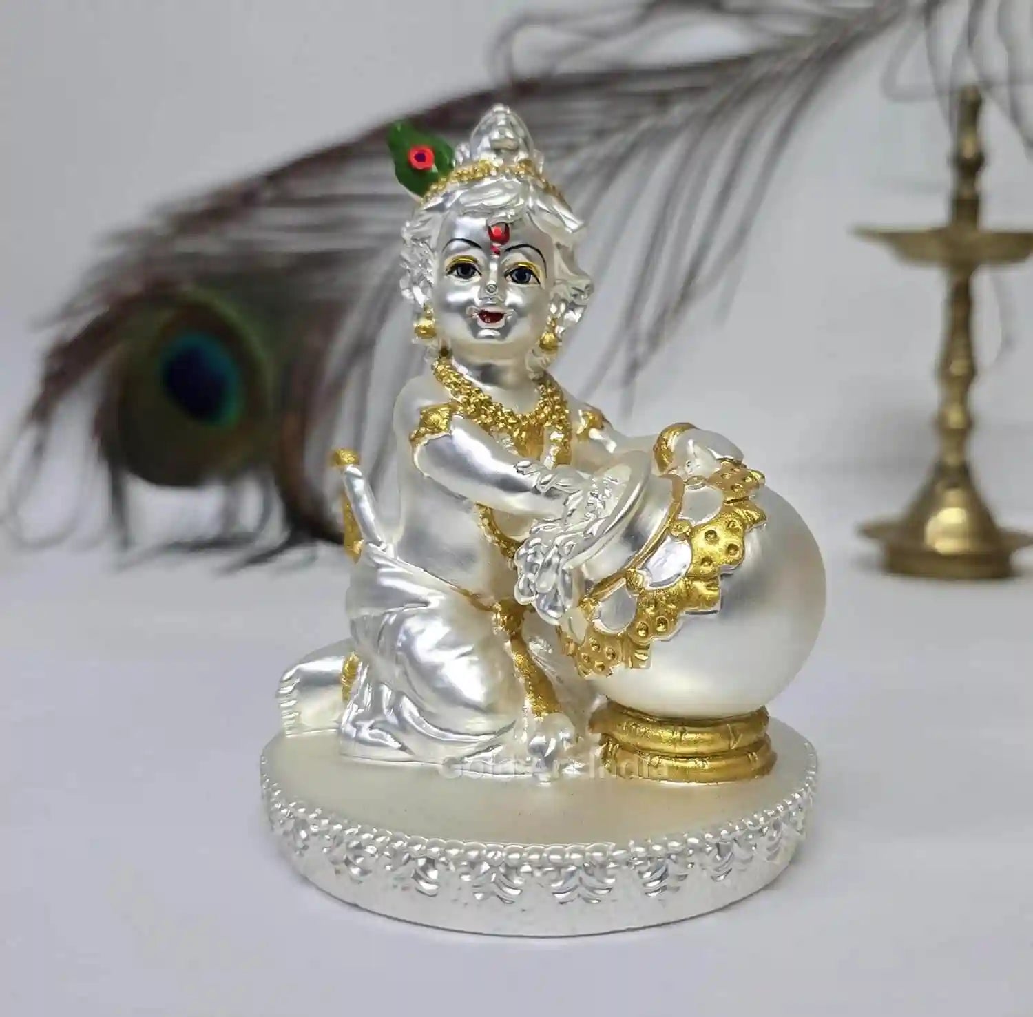 Gold and silver Plated matte Finish Makhan Krishna idol , sitting with a butter pot, size 4 x 3 inches
