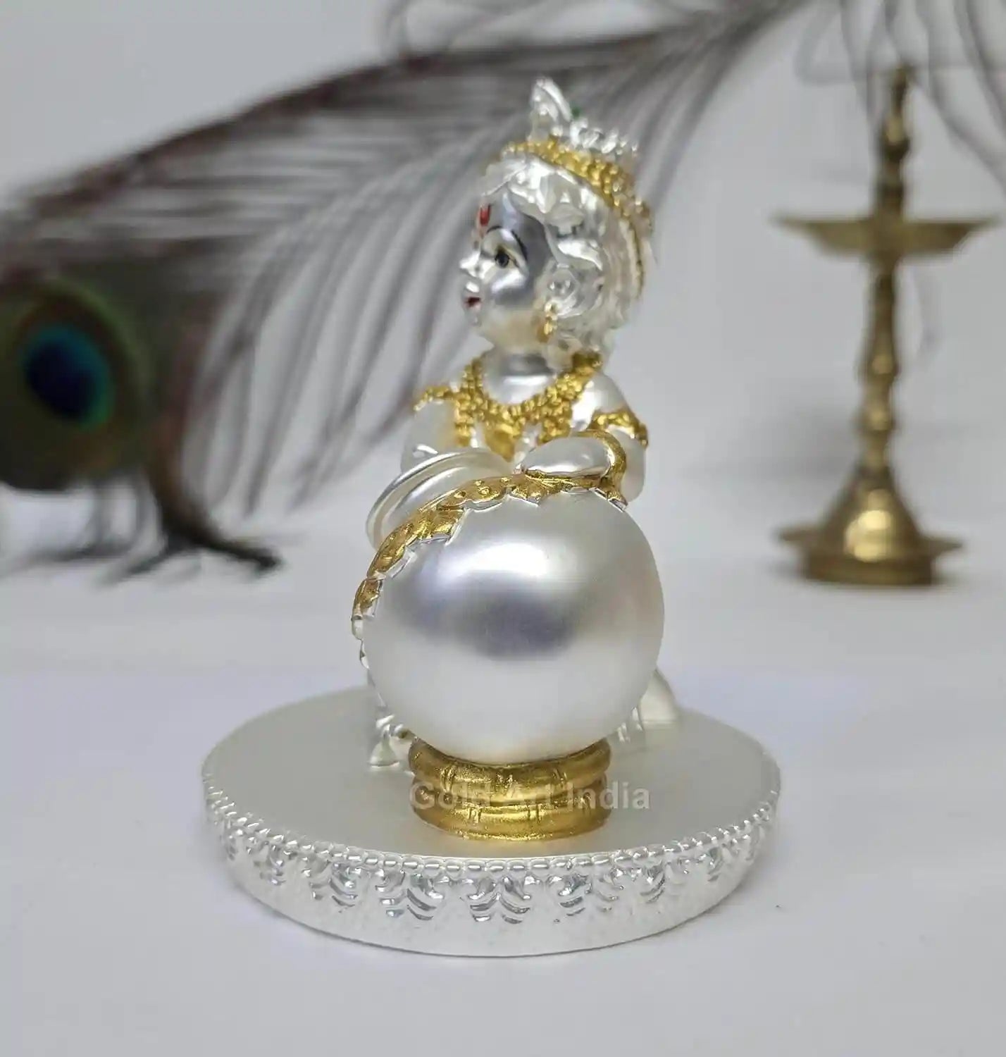 Gold and silver Plated matte Finish Makhan Krishna idol , sitting with a butter pot, size 4 x 3 inches