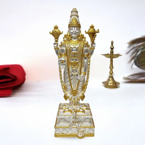 Lord Venkateshwara (Balaji) Idolโ 9 Inch Two-Tone Matte Silver & Gold Finish for Home Temple & Decor
