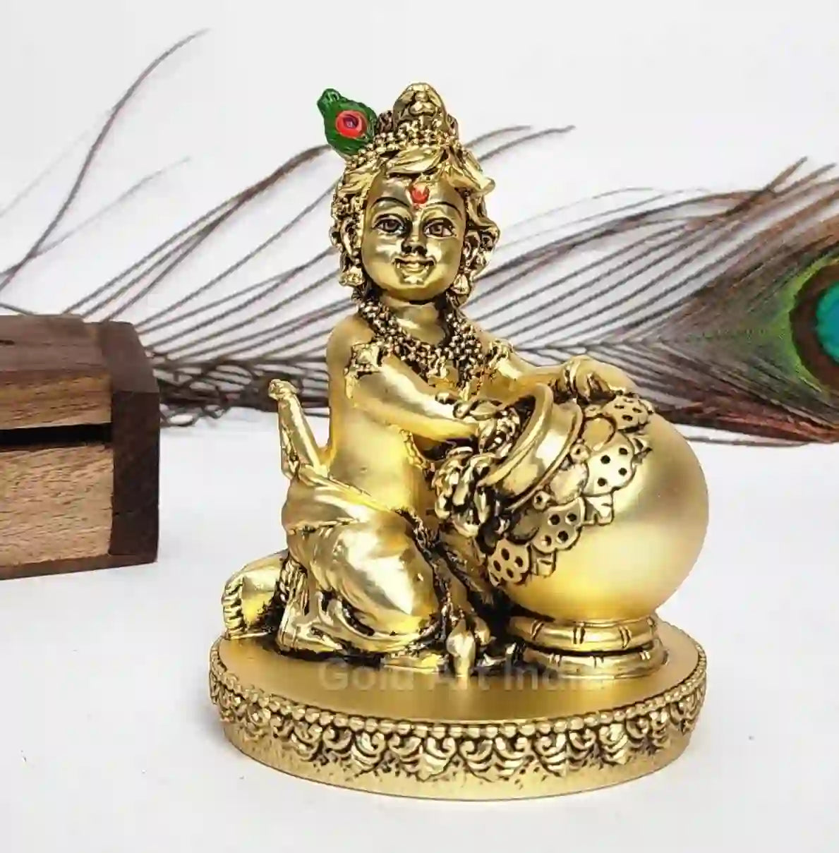 Gold Plated Makhan Krishna Idol – Antique Matte Finish with Butter Pot (Front View)