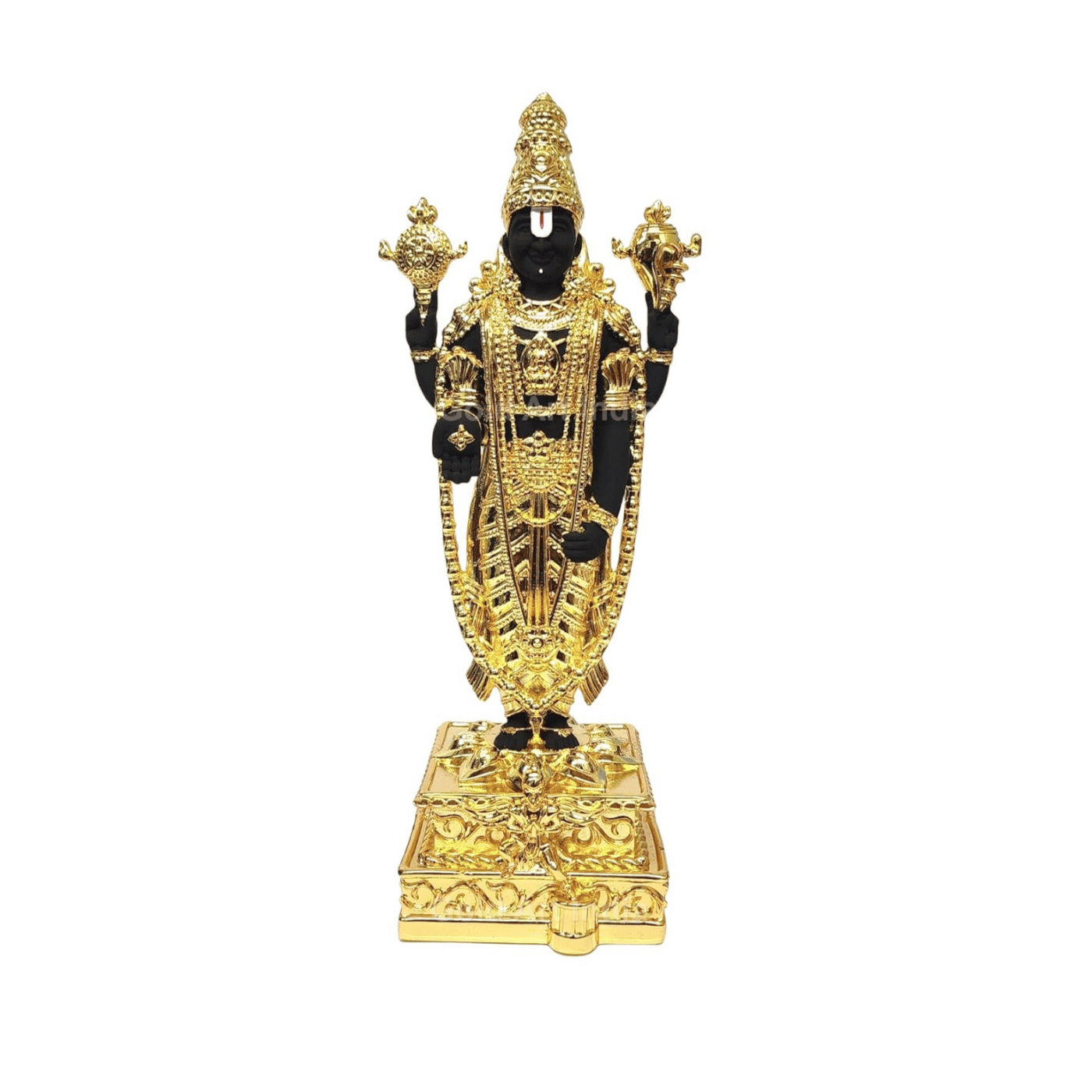 Gold plated Lord Balaji idol with black terracotta finish, perfect for home, office, and car decor.