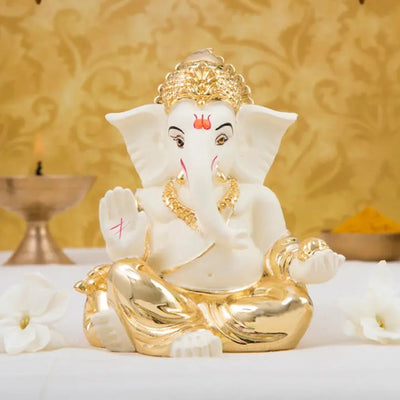Gold-Plated Gaddi Ganesha Idol – Off-White Finish | Ideal for Car, Office & Gifting