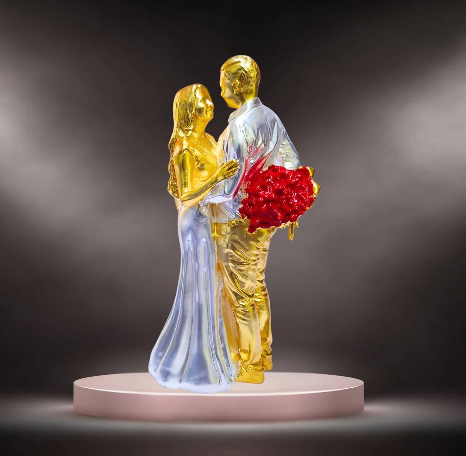Gold & silver-plated romantic couple figurine with a red rose bouquet.