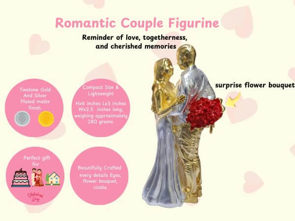 Gold & silver-plated romantic couple figurine with a red rose bouquet.details image