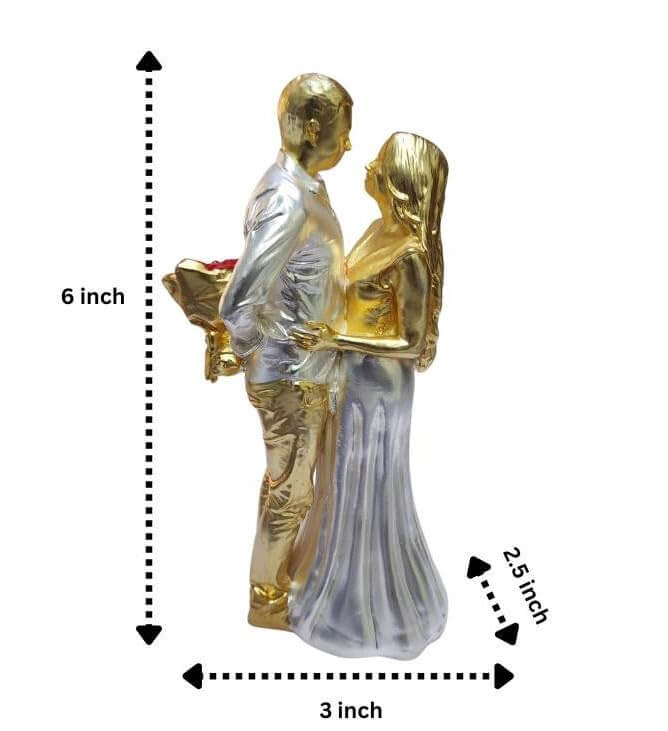 A gold & silver-plated romantic couple figurine, standing 6 inches tall. The man, adorned in gold plating, holds a bouquet of red roses, while the woman, in a flowing silver-plated dress, gazes into his eyes. The base dimensions are 3 inches wide and 2.5 inches deep.