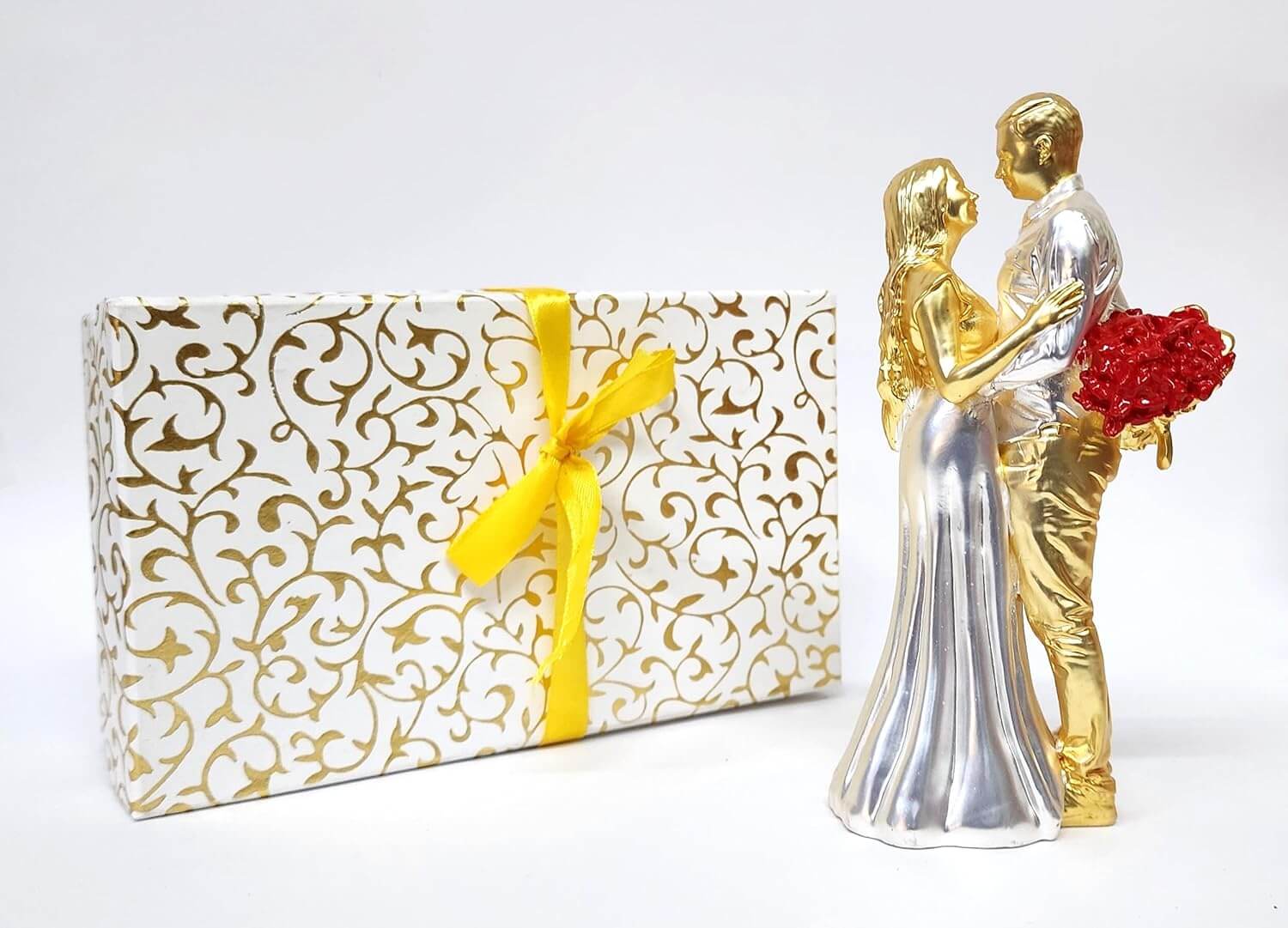 Gold & silver-plated romantic couple figurine with a red rose bouquet. with gifting box