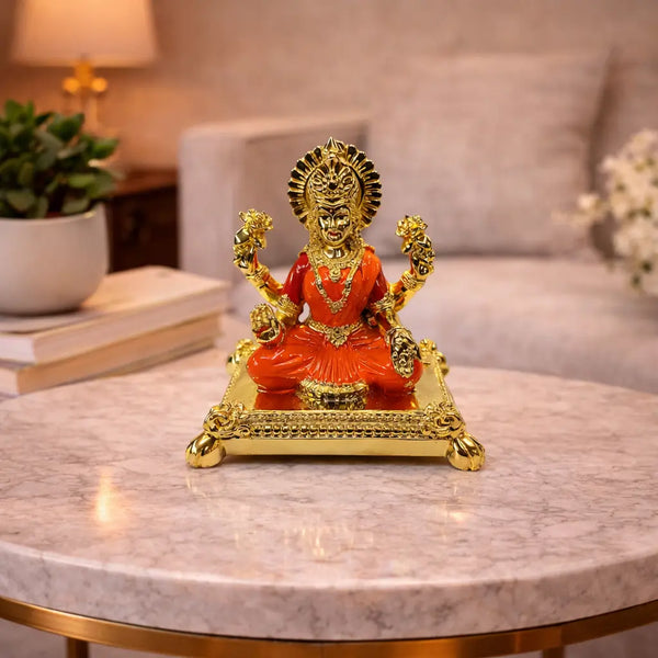 Pata Laxmi Gold Plated Idol for Mandir | Orange Enamel Color Work With Gold Plated Coin | Gold Art India