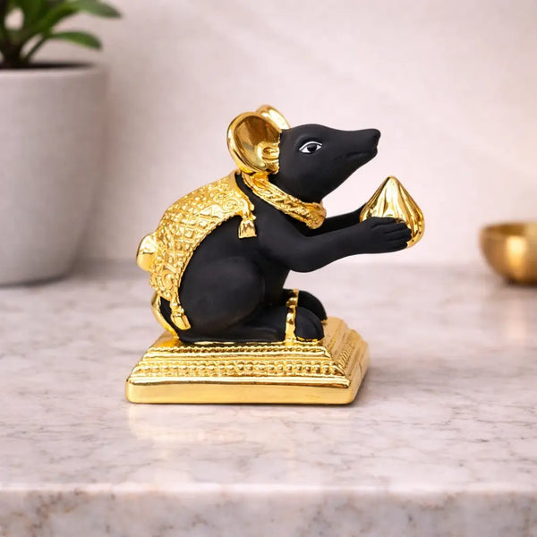 Gold-Plated Mushak (Mooshak) Mouse Idol with Modak | Black Terracotta Finish | Ganesha Vahana