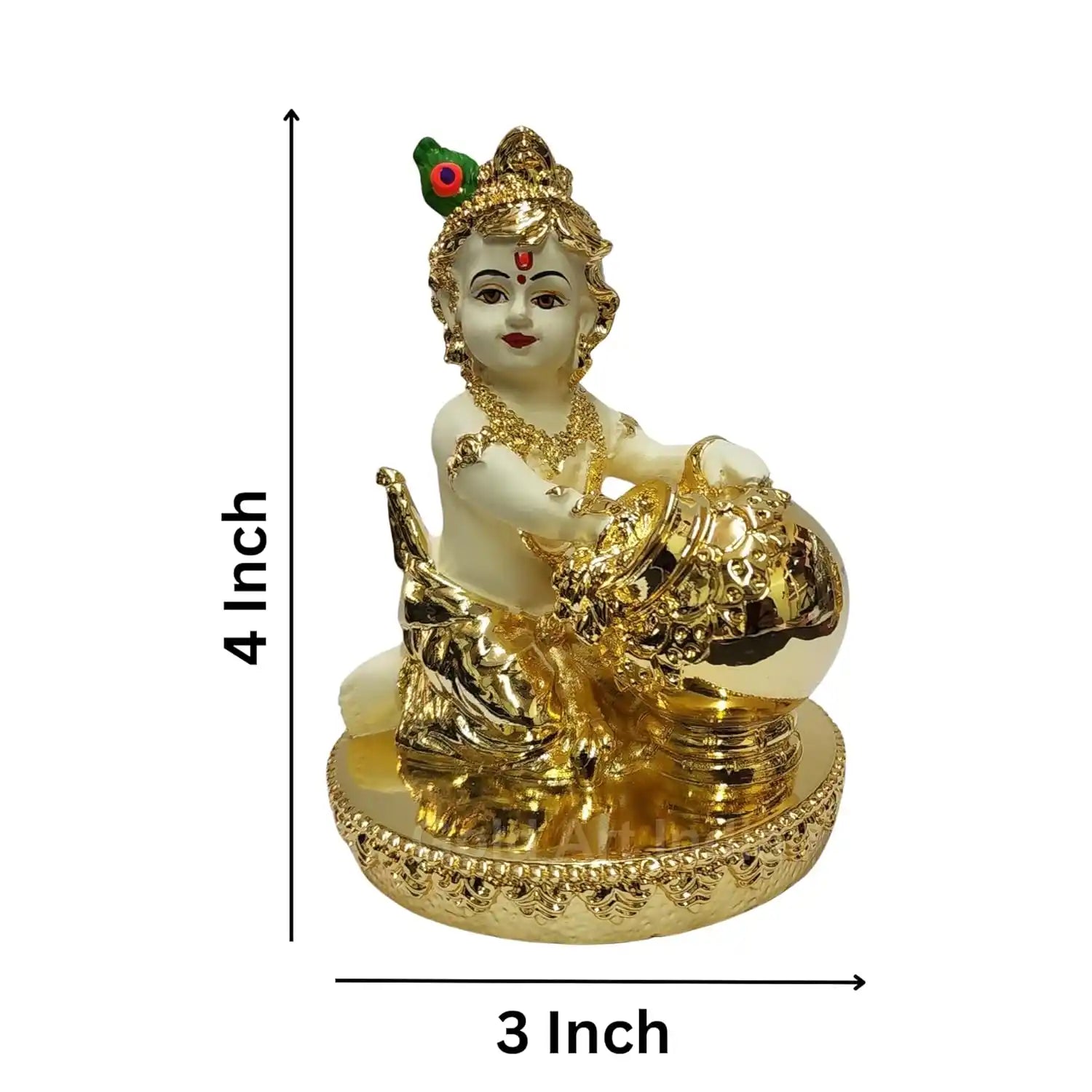 Gold plated off-white Makhan Krishna idol – 4x3 inch with butter pot, size reference – Gold Art India