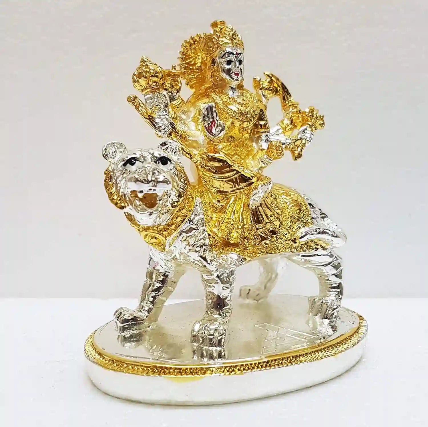 Side angle of 5-inch Ambe Mata Resin Idol with intricate multicolour detailing, handcrafted compact design | Gold Art India