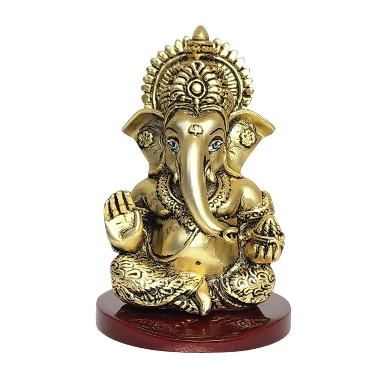 Front View of Handcrafted Ganesh Idol – Gold Plated with Wooden Base white background