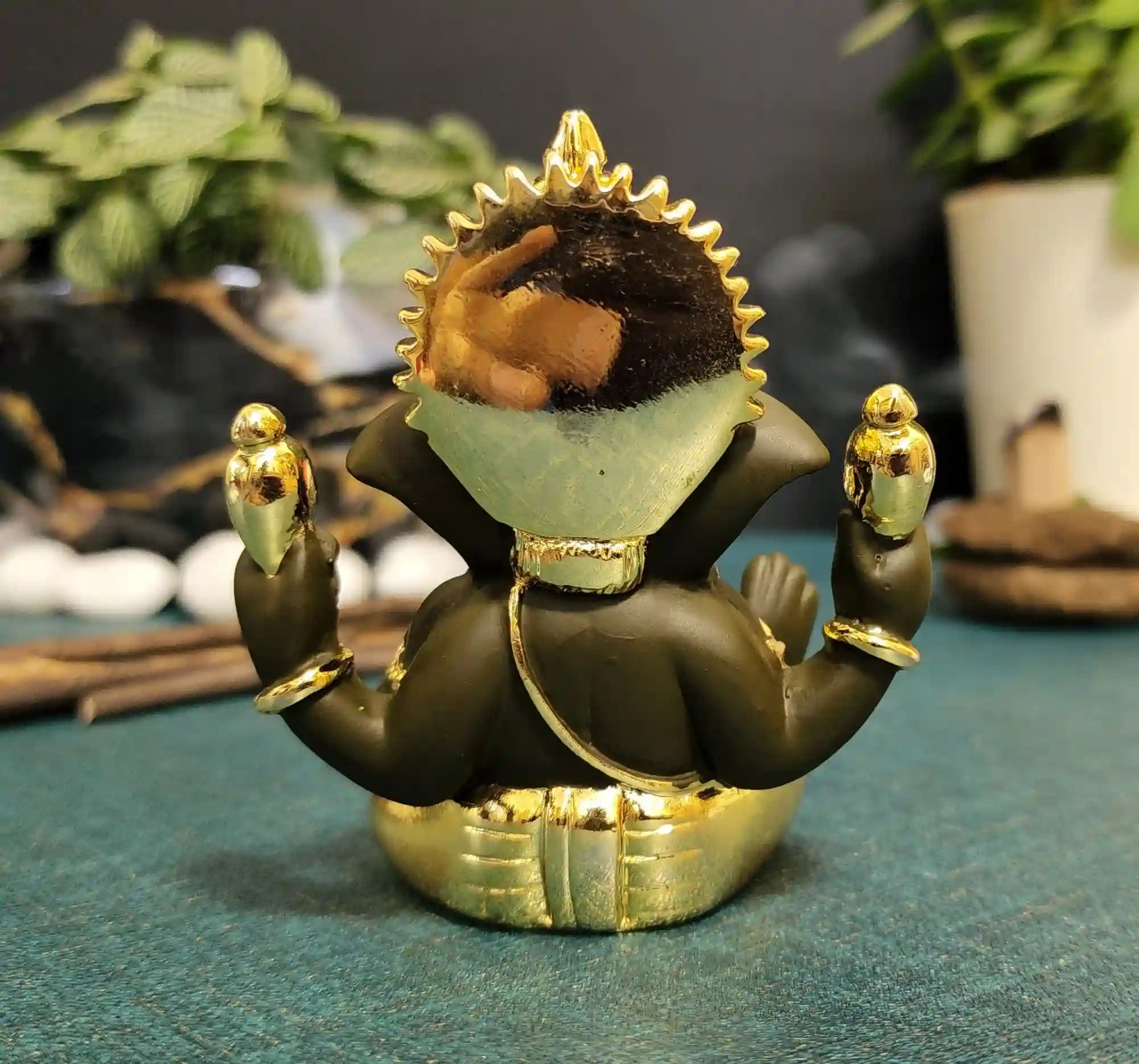 Detailed back view of Gold Plated Black Ganesha Idol showing craftsmanship