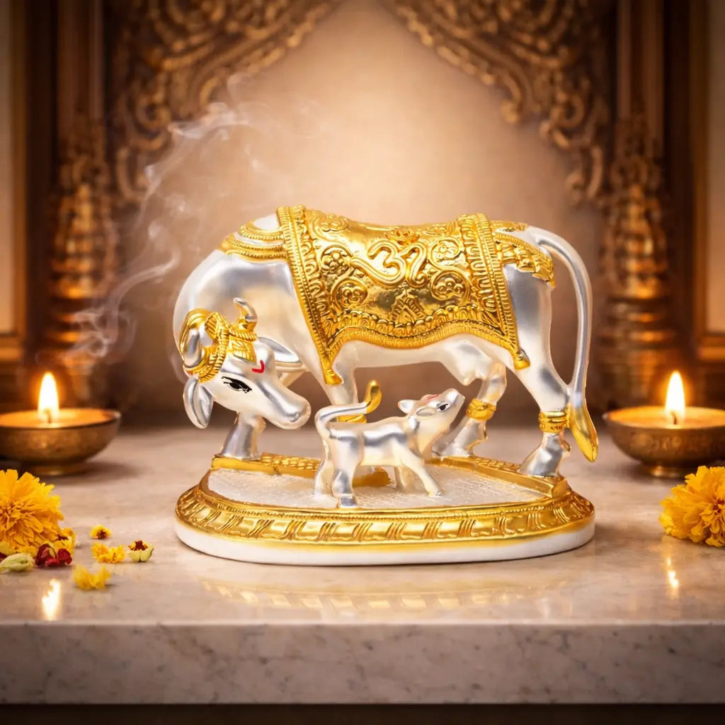 Kamdhenu Cow & Calf Idol โ Gold & Silver Plated for Vastu & Home Decor